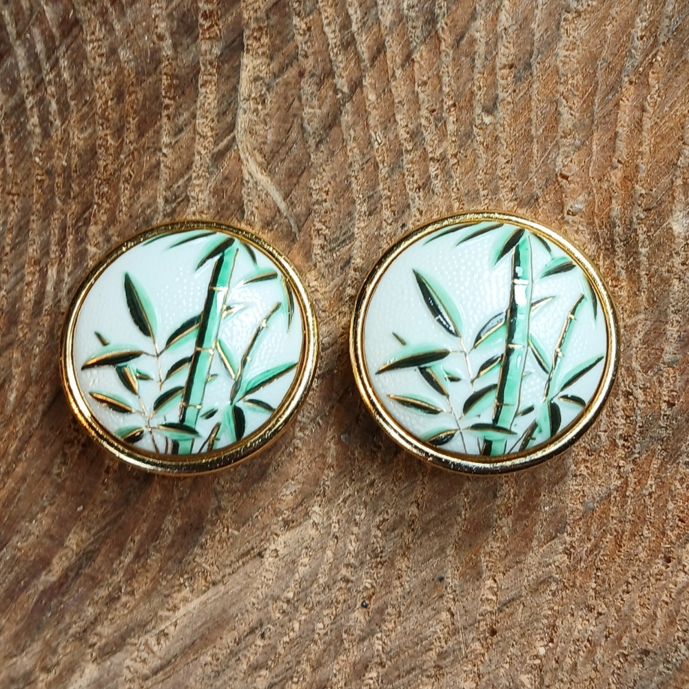 Toshikane Rare Vintage Green Bamboo Design Clip On Earrings